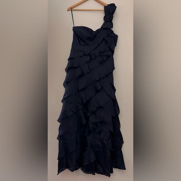 Rickie Freeman Teri Jon Navy Ruffle Tiered Formal Gown w/ Rosette Bow Strap - 12 - Picture 1 of 15
